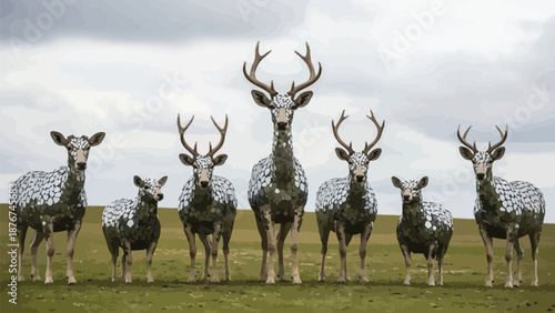 Stunning metal deer sculptures standing in a green field