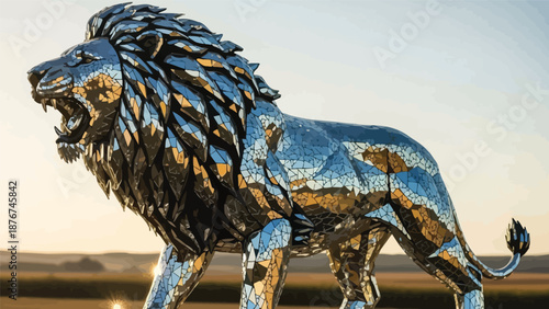 Majestic mosaic lion sculpture in a serene natural setting