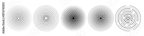 Linear set of radar icons, sonar waves, concentric radial signal circles, echo sounder symbols. Vector black and white illustration on a transparent background for interfaces and infographics