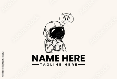A black and white illustration of an astronaut with a speech bubble containing a cat face, against a clean background with space for a logo and tagline.