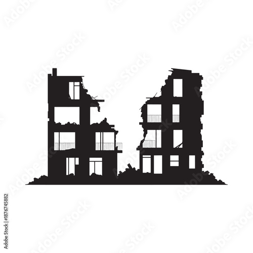 Silhouette of ruined buildings suggesting destruction and the aftermath of conflict