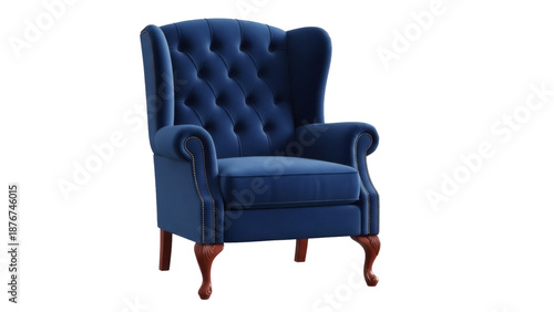 Tableau sur toile Elegant navy blue wingback armchair isolated PNG, luxurious velvet tufted accent