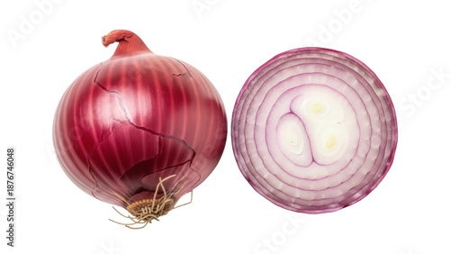 Fotografija Red onion and cross section isolated PNG on transparent background, fresh vegeta