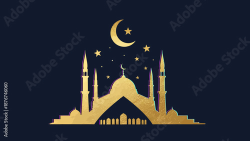 Golden silhouette of a mosque with a crescent moon and stars against a dark blue background.