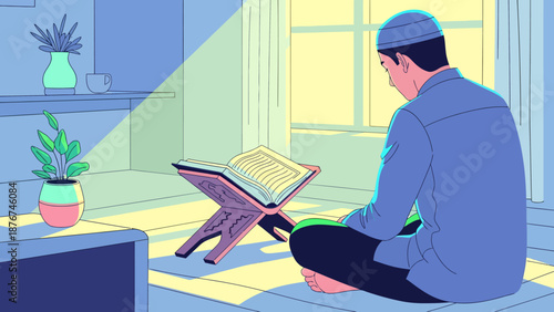 Illustration of a man reading the Quran in a room with sunlight streaming through the window.