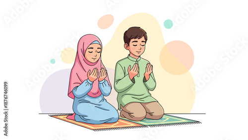 Illustration of a young Muslim boy and girl praying together on mats, with hands raised in supplication.