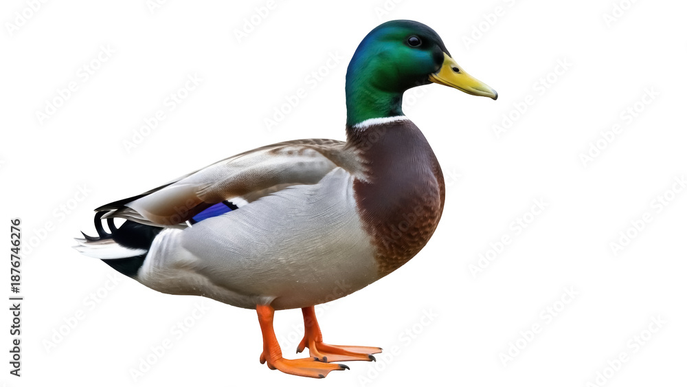 Fototapeta premium Mallard duck isolated PNG on transparent background, colorful male wildfowl with green head and orange legs, waterfowl bird for design use