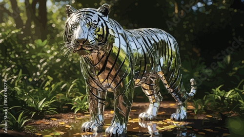 Shiny metal tiger sculpture standing in serene forest pond surrounded by lush greenery