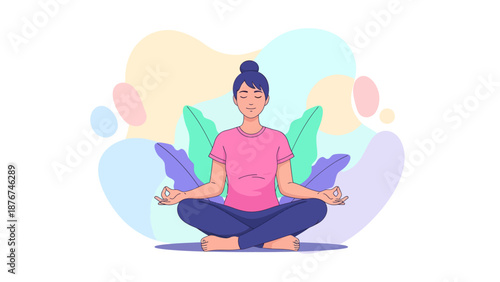 Woman meditating in lotus position with abstract shapes and leaves in the background.