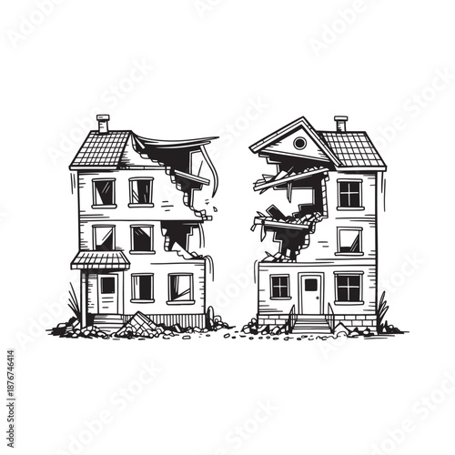Damaged houses with broken windows and roofs on white background
