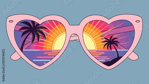 Vibrant tropical sunset with palm trees and ocean reflected in pink heart-shaped sunglasses.