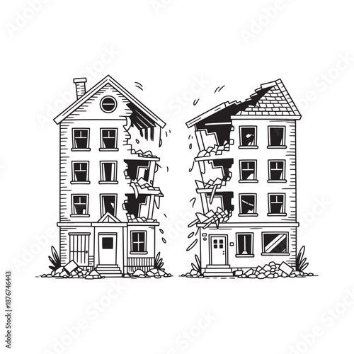Two damaged houses with broken windows and crumbling walls standing side by side