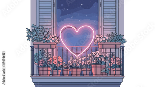 A charming illustration of a balcony adorned with flowers and a neon heart at night.