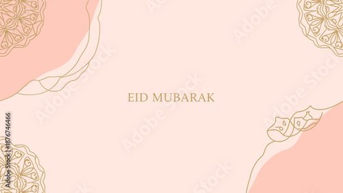 Elegant Eid Mubarak background with peach accents and golden mandala designs.