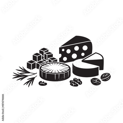 a black and white image of cheese and crackers