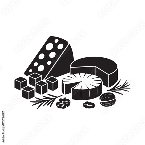 Black and white illustration depicting various types of cheese and accompanying foods