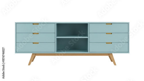 фотографія Light blue mid-century modern media console with wooden legs isolated PNG, styli