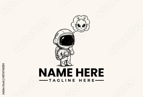 A simple black and white illustration of an astronaut with a smiling face bubble against a clean background, featuring placeholder text for a logo and tagline.