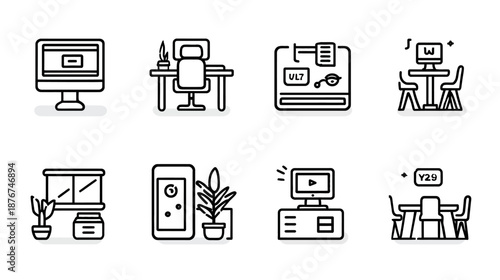 Set of modern line art icons for office workspace, computer work, remote business, digital technology, and creative content.