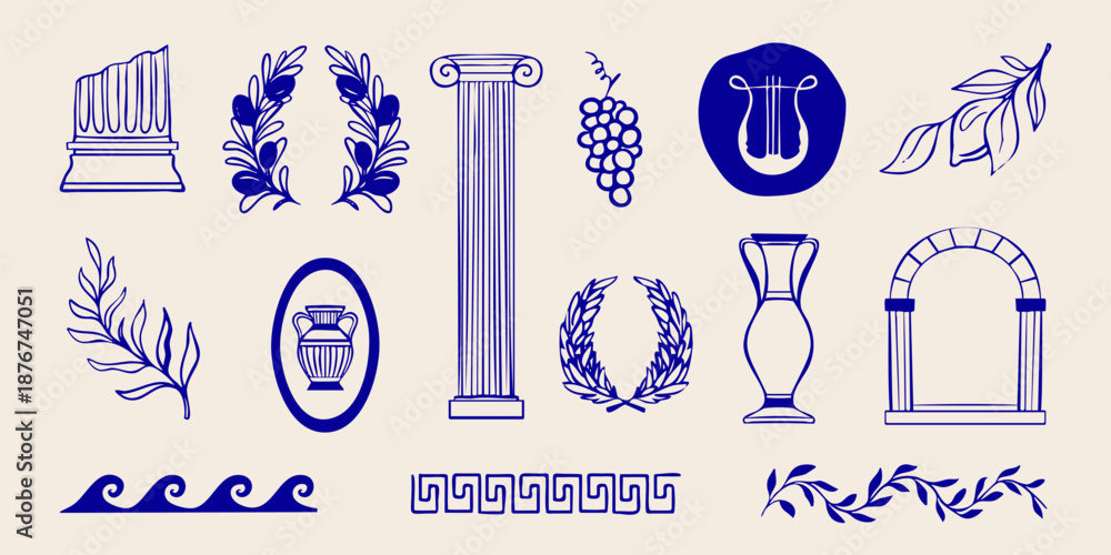 Naklejka premium Hand drawn mediterranean Greece set with bohemian silhouette, antique vase and branch of olives. Vector illustration.