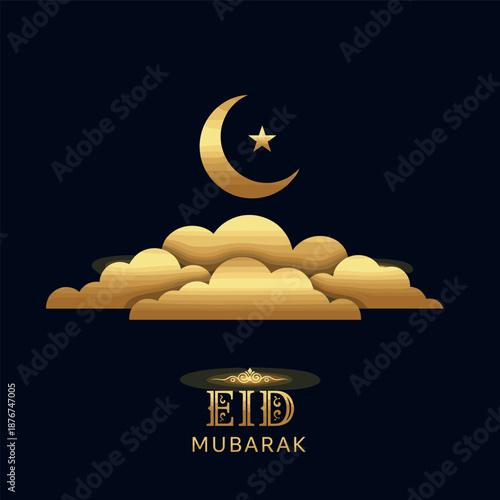 Eid Mubarak greeting with golden crescent moon and star above clouds vector illustration