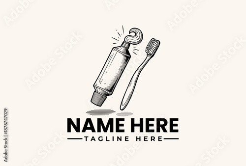 Black and white illustration of a tube of toothpaste and toothbrush with motion lines, against a clean background, with a placeholder text for a logo or brand name in a simple, graphic