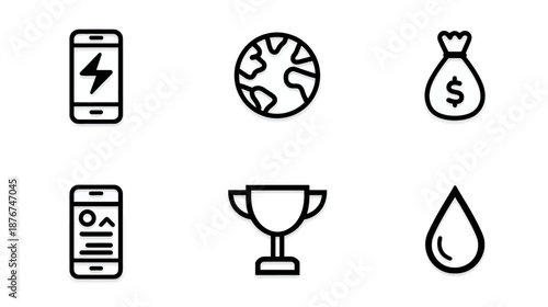Vector line icons set: mobile phone, power, global, money, news, trophy, water drop. Concepts for business, finance, technology, success.