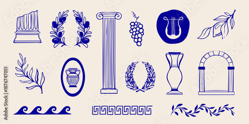 Hand drawn mediterranean Greece set with bohemian silhouette, antique vase and branch of olives. Vector illustration.