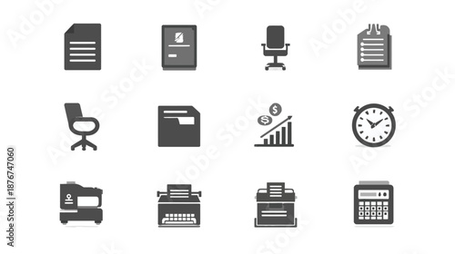 Comprehensive set of flat black and white vector icons for office, business, administration, finance, and productivity concepts.