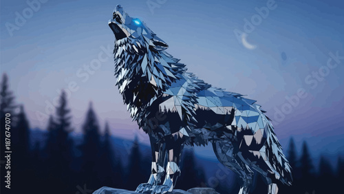 Stunning metallic wolf sculpture howls under crescent moon