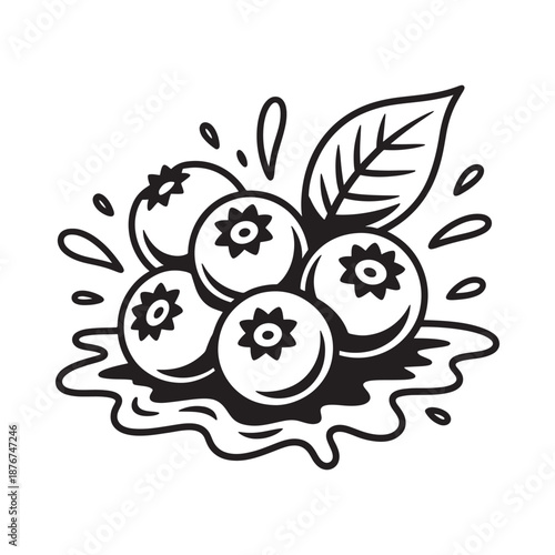 Black and white illustration of fresh blueberries with leaves and splashing juice