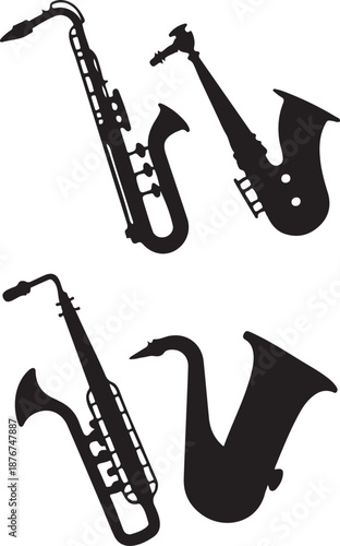 Four different saxophone musical instrument icons silhouettes vector graphics set background