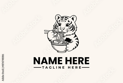 Black and white illustration of a tiger holding chopsticks and eating from a bowl on a clean white background with a logo and tagline text.