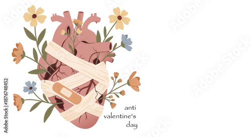 Anti Valentine's Day Boho Healing Heart with Flowers Vector