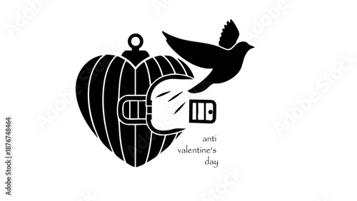 Anti Valentine's Day Bird Escaping Heart Cage Silhouette Vector