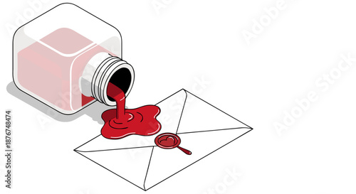 Spilled Red Ink Glass Bottle on Love Letter Vector