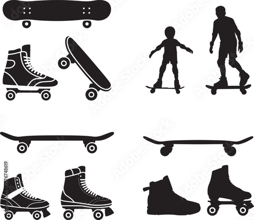 Skateboarding elements set silhouette graphic vector illustration collection design