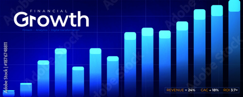 Financial growth, business finance, investment success. Rising chart, arrow and wave gradient background. For reports, presentations, websites, ads, covers. Growth trends and growth charts. Vector