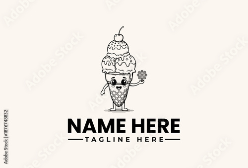Black and white illustration of a smiling ice cream cone with sunglasses and a flower, accompanied by placeholder text for a name and tagline on a clean background.