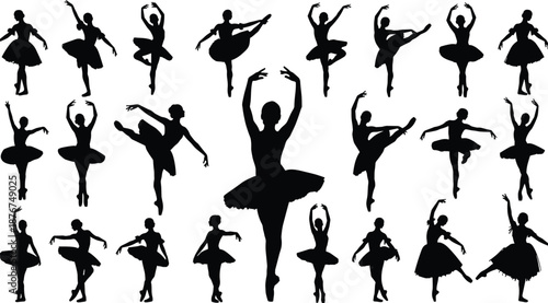 Ballet dancer silhouettes collection graceful female dance poses black vector illustration classical ballet movement isolated