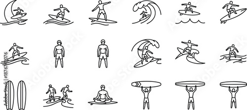 Surfing icons set with surfers waves boards beach ocean sport black line vector illustration collection isolated