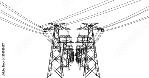 A perspective view of multiple electricity transmission towers and power lines Keywords: power line, electricity, transmission