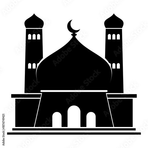 Mosque architecture silhouette icon vector illustration flat design with minarets and dome crescent moon for Islamic religious events Ramadan Kareem Eid al-Fitr celebrations isolated.