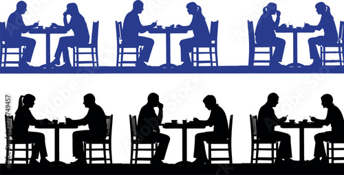 Silhouettes of people sitting at tables in two rows engaged in quiet conversations and activities
