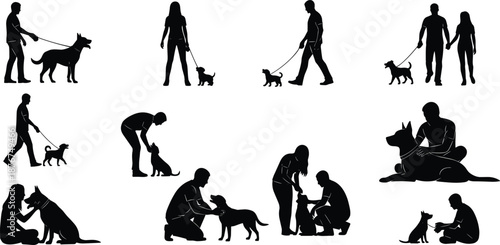 People walking dogs silhouettes set showing pet owners with puppies daily activity lifestyle black vector illustration collection