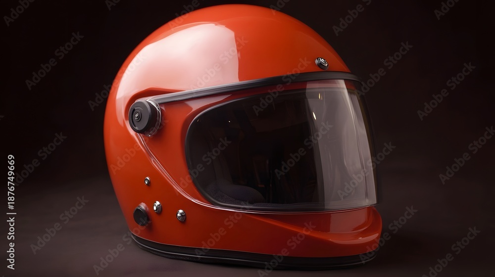 Fototapeta premium A glossy bright red full face motorcycle helmet with a dark tinted visor showcased against a plain black background in studio lighting