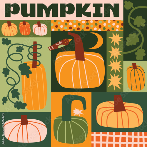 Abstract Pumpkin Patchwork Poster. Retro Autumn Collage with Bird, Moon, and Stars.