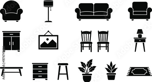 Assorted Black Furniture Icons Arranged In Rows On White Background collection armchair