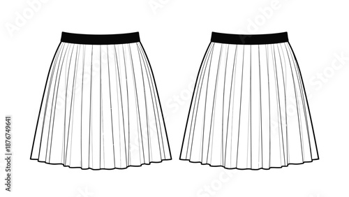 Two pleated skirts displayed in a fashion technical illustration style