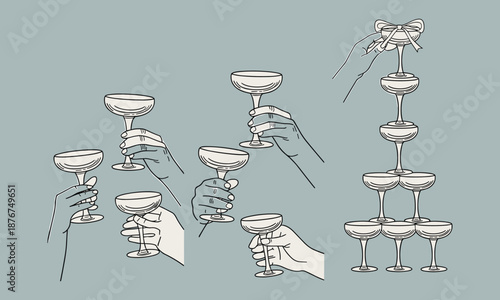 Hands stacking champagne glasses with a ribbon tied on in a sequence of steps champagne flute